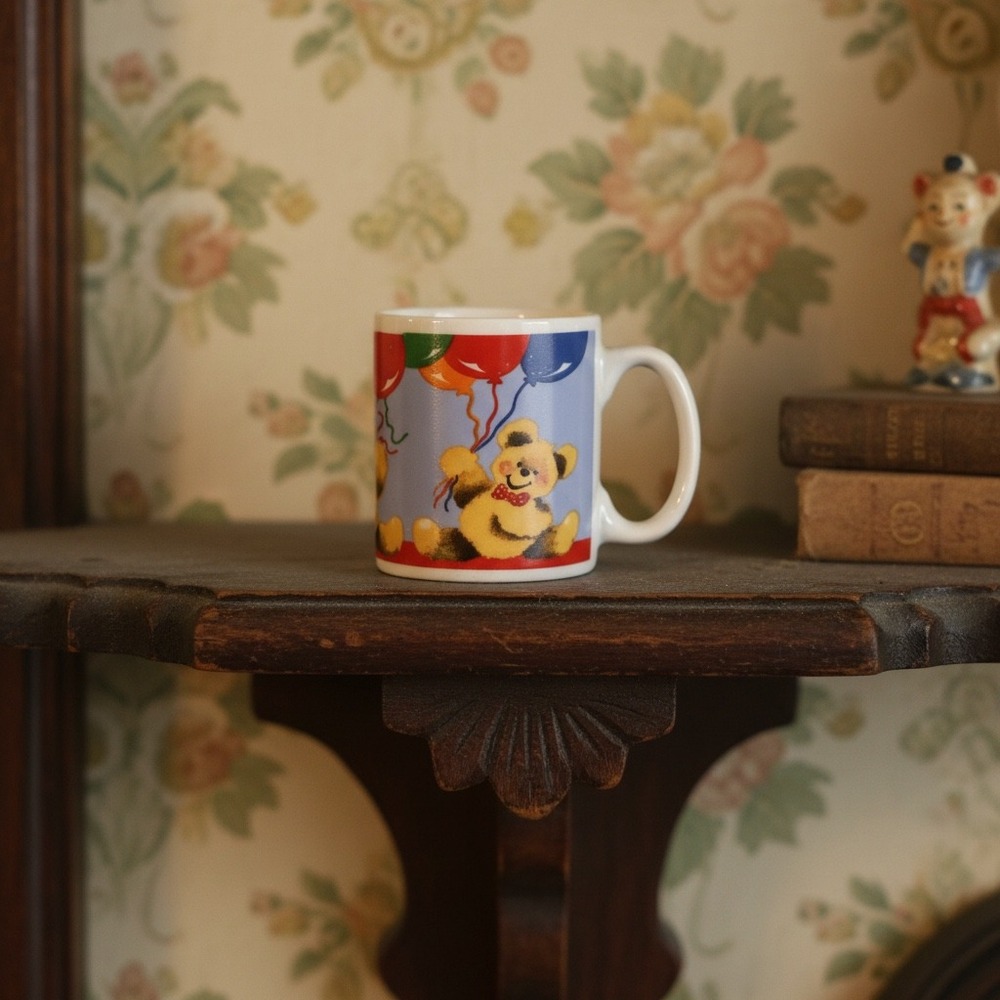Vintage Teddy Bear with Balloons Ceramic Mini Mug Espresso Cup 2.75 Inch